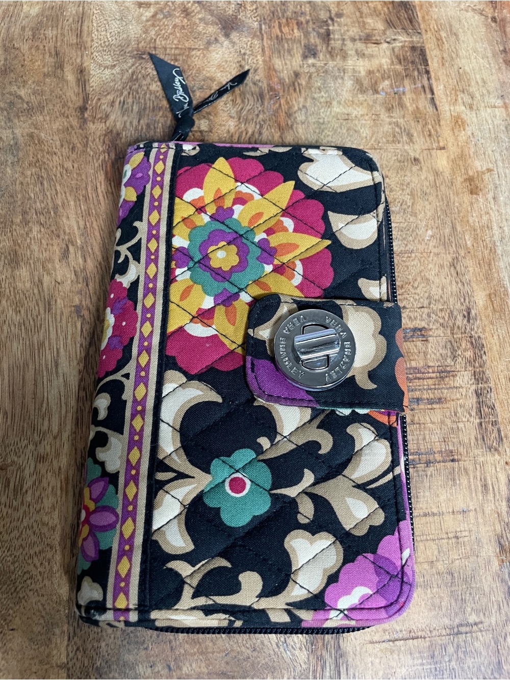Vera Bradley Black Quilted Floral Zip Wallet with‎ Multicolor Accents - Picture 3 of 6